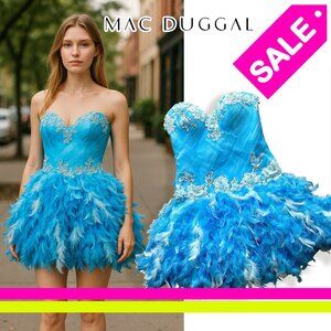 Mac Duggal Prom Birthday Feather Dress in Vibrant Blue with Lace and Crystals